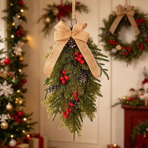 Weihnachten Tränen Girlande Künstliche Tannennadeln Beeren Jute Schleife Hängende Kranz Für Tür Fenster Wand Dekor