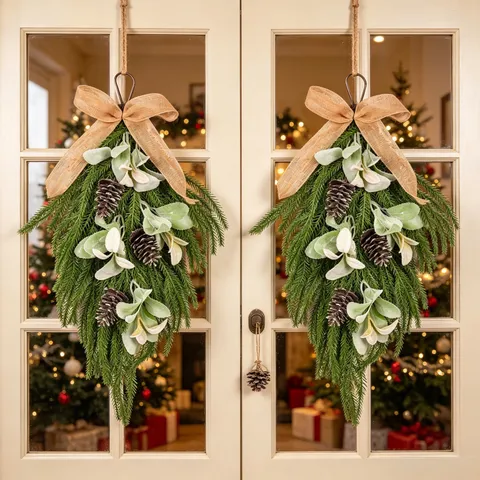 Christmas Teardrop Hanging Artificial Norfolk Pine Needle Lambs Ear Leaf Pinecone Garland Home Stair Door Window Decor