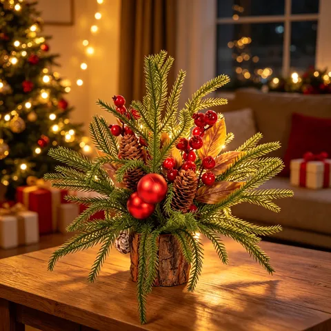 Mini Christmas Tree Desktop Bonsai Artificial Pine Needles Berries Bark Pot Holiday Home Tabletop Decoration Ornament