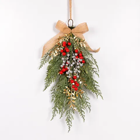 Christmas Artificial Hanging Greenery Pine Branch Red Berry Teardrop Wreath Festive Home Door Wall Decoration
