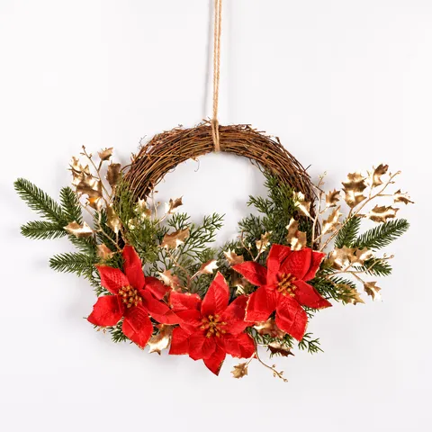 Corona di Piante Artificiali di Natale Decorazione Murale per Porta di Casa Festività Champagne Oro Rosso Bianco Fiore Campana Ornamento