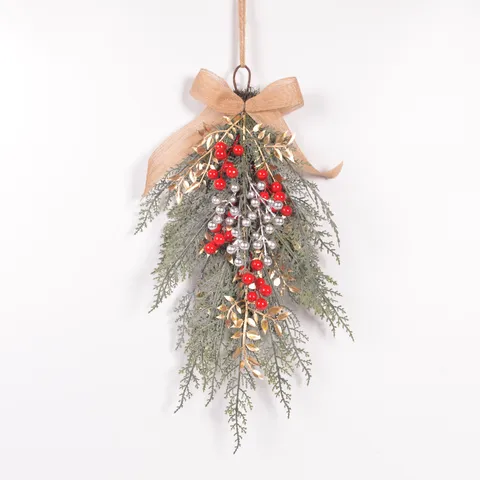 Christmas Artificial Hanging Greenery Pine Branch Red Berry Teardrop Wreath Festive Home Door Wall Decoration