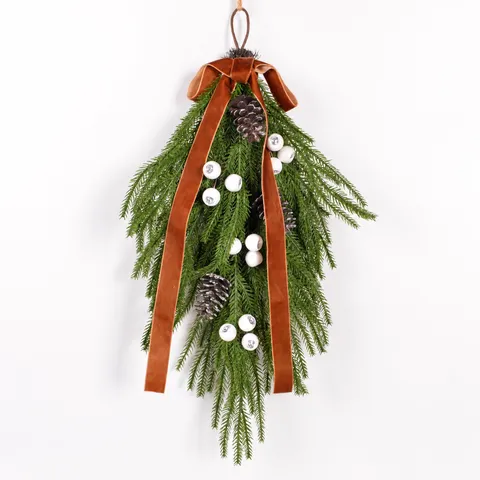 Christmas Teardrop Wreath Artificial Pine Berries Pine Cones with Velvet Bow Hanging Decoration for Door Home Decor
