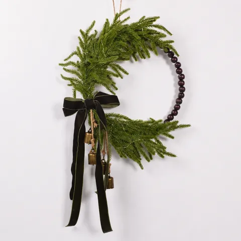 Christmas Norfolk Pine Garland Wall Hanging With Wood Beads And Velvet Bow Artificial Holiday Home Window Decor