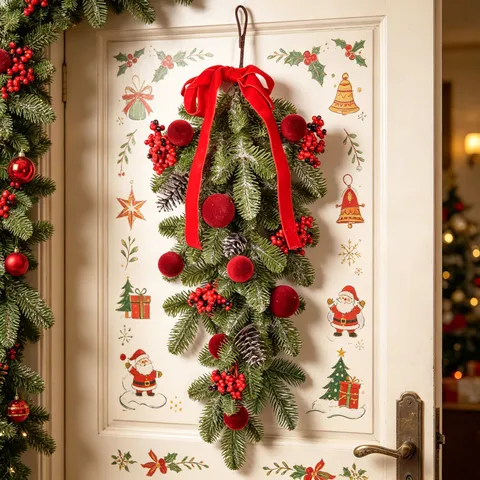 Artificial Christmas Teardrop Swag Flocked Pine Needle Wreath With Pine Cones Berries Bow For Holiday Home Decor