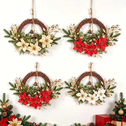 Corona di Piante Artificiali di Natale Decorazione Murale per Porta di Casa Festività Champagne Oro Rosso Bianco Fiore Campana Ornamento