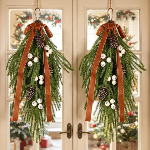 Christmas Teardrop Wreath Artificial Pine Berries Pine Cones with Velvet Bow Hanging Decoration for Door Home Decor