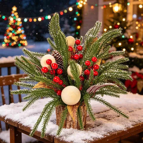 Christmas Artificial Norfolk Pine Branch Bonsai With Berries Pine Cones Tree Bark Pot Festive Desktop Tabletop Home Decor
