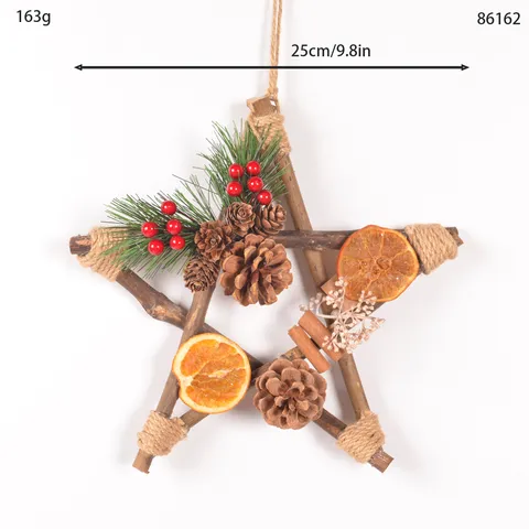 Retro Wooden Pentagram Christmas Wreath Hanging Ornament Dried Fruit Pine Cone Wall Decor Holiday Home Party Decoration