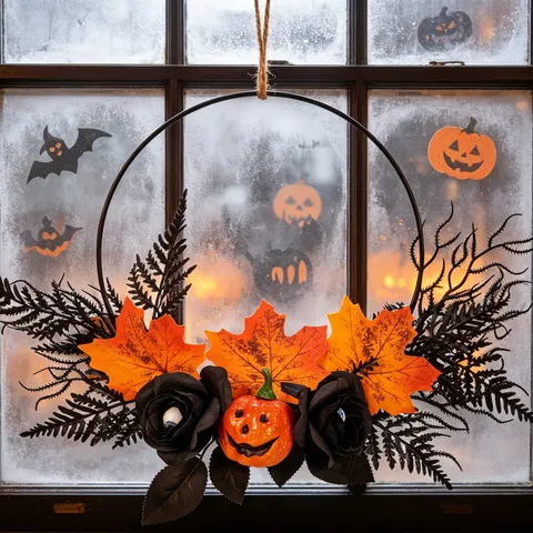 Halloween Kranz Künstlicher Kürbis Schwarze Rose Ahornblatt Girlande Wandbehang Für Heim Party Urlaub Dekor