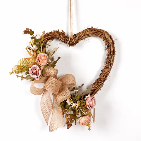 Vintage Heart Shaped Rattan Wreath Artificial Rose Flower Bow Door Wall Hanging Decor For Valentine Wedding Home Decor