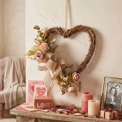 Vintage Heart Shaped Rattan Wreath Artificial Rose Flower Bow Door Wall Hanging Decor For Valentine Wedding Home Decor