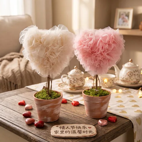 Romantic Heart Shaped Mesh Potted Plant Valentine Day Wedding Desktop Tabletop Home Confession Gift Ornament