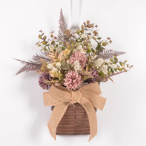 Artificial Flower Wall Hanging Plastic Rattan Flower Basket Bouquet Fake Flowers For Home Front Door Garden Wedding Decor