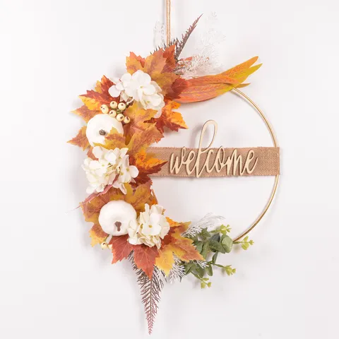 Fall Autumn Iron Wreath Wall Hanging Simulation Maple Leaf Pumpkin Welcome Sign Farmhouse Front Door Decoration