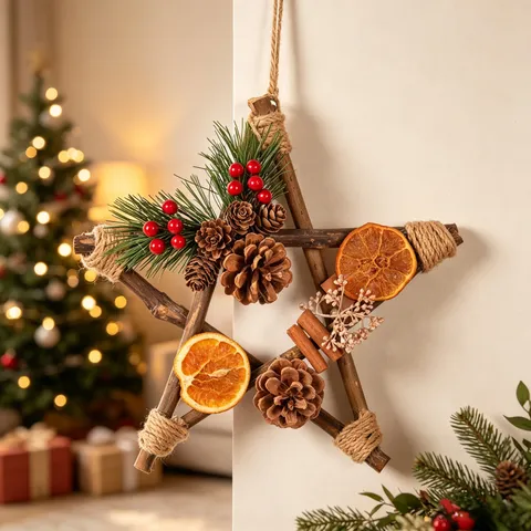 Retro Wooden Pentagram Christmas Wreath Hanging Ornament Dried Fruit Pine Cone Wall Decor Holiday Home Party Decoration