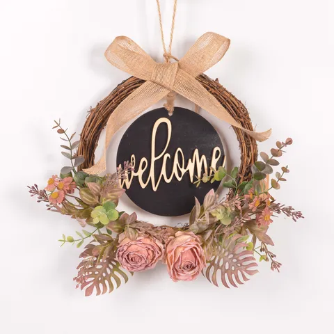 Autumn Retro Artificial Rattan Wreath Door Hanger Nordic Style Fake Rose Flower Wall Decor With Welcome Sign