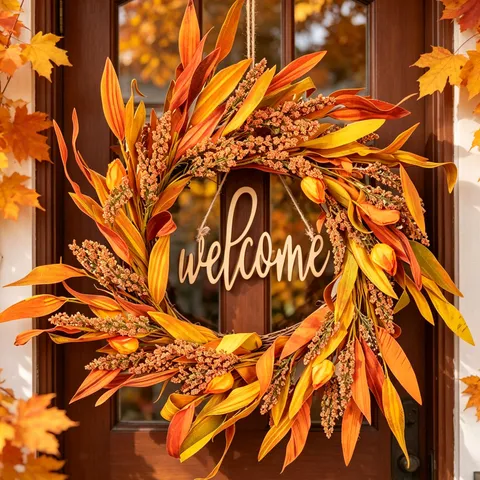 Fall Artificial Plant Rattan Circle Wall Hanging Garland Thanksgiving Harvest Festival Door Wreath Home Decor