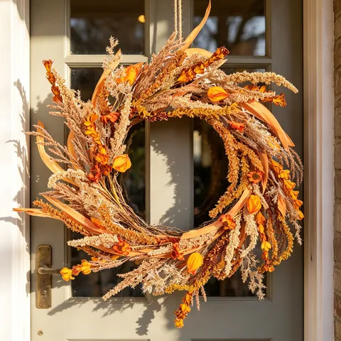 Fall Artificial Plant Rattan Circle Wall Hanging Garland Thanksgiving Harvest Festival Door Wreath Home Decor