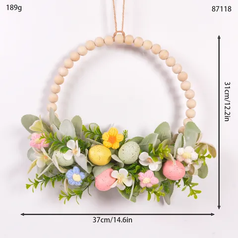 Easter Egg Wooden Bead Wreath Simulation Leaf Wall Hanging Holiday Party Home Decoration Front Door Wall Ornament