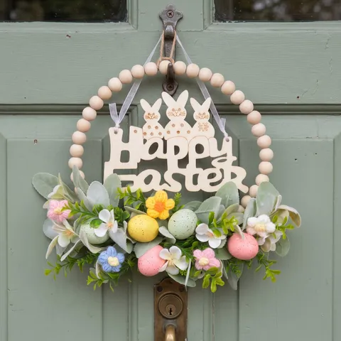 Easter Egg Wooden Bead Wreath Simulation Leaf Wall Hanging Holiday Party Home Decoration Front Door Wall Ornament