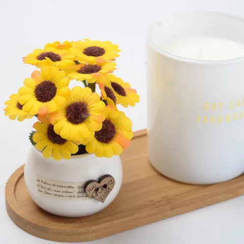 Mini Pianta in Vaso di Girasole Fiore di Seta Artificiale Vaso di Ceramica Casa Ufficio Auto Decorazione Scrivania