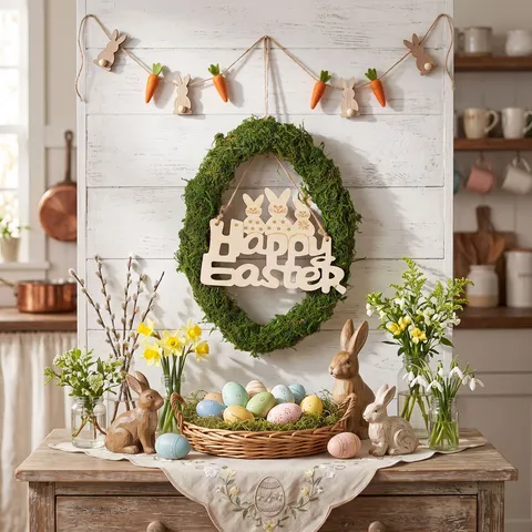 Easter Moss Egg Shaped Wreath Door Hanger With Wooden Rabbit Pendant Spring Rustic Home Wall Decor Festive Party Supplies