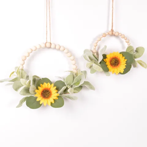 Spring Summer Sunflower Wooden Bead Garland Artificial Flower Door Hanging Wall Decor Farmhouse Home Decoration