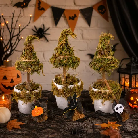 Halloween Moss Witch Hat Potted Ornament Mini Witch Broom Desktop Holiday Decoration Home Interior Decor