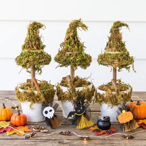 Halloween Moss Witch Hat Potted Ornament Mini Witch Broom Desktop Holiday Decoration Home Interior Decor
