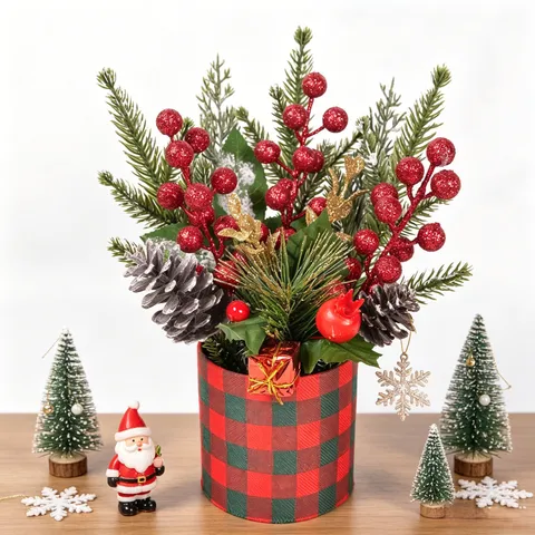 Christmas Desktop Mini Potted Plant Artificial Pine Branches Berries Pinecones Festive Tabletop Ornament Home Decor