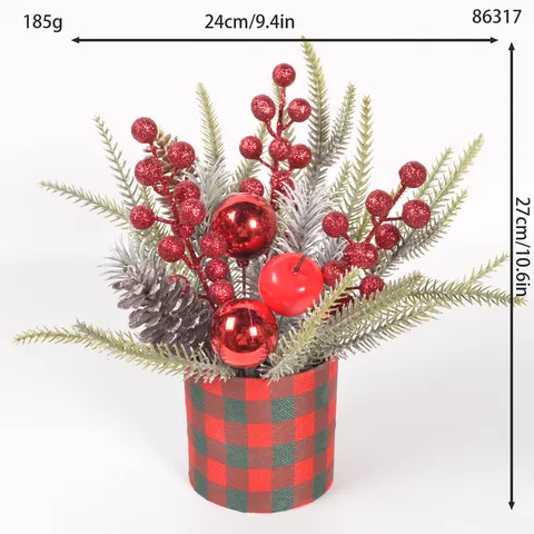 Christmas Desktop Mini Potted Plant Artificial Pine Branches Berries Pinecones Festive Tabletop Ornament Home Decor