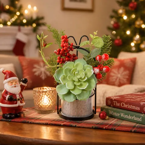 Iron Bucket Artificial Succulent Red Fruit Potted Plant With Bow Christmas Desktop Decoration Festive Floral Ornament