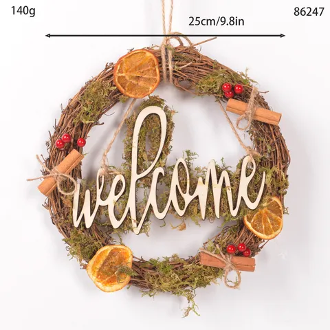 Christmas Rattan Wreath Wooden Letter Dried Orange Moss Front Door Hanging Pastoral Style Holiday Home Party Decoration