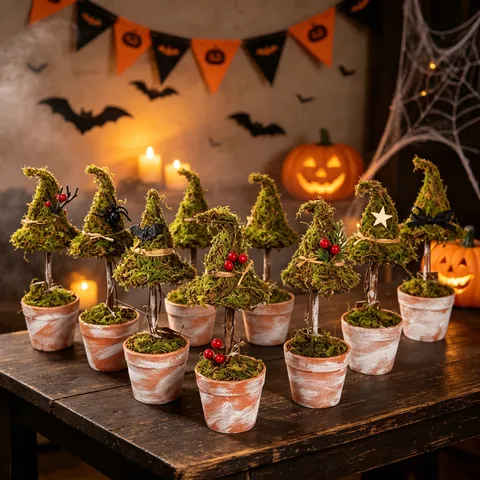 Halloween Witch Hat Moss Potted Plant Retro Festive Desktop Ornament Artificial Greenery Home Decor Halloween Party Prop