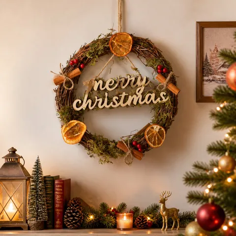Christmas Rattan Wreath Wooden Letter Dried Orange Moss Front Door Hanging Pastoral Style Holiday Home Party Decoration