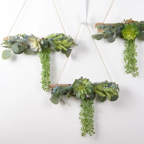 Artificial Succulent Plant Wall Hanging Wooden Stick Fake Greenery Wall Decor For Home Living Room Shop Decoration