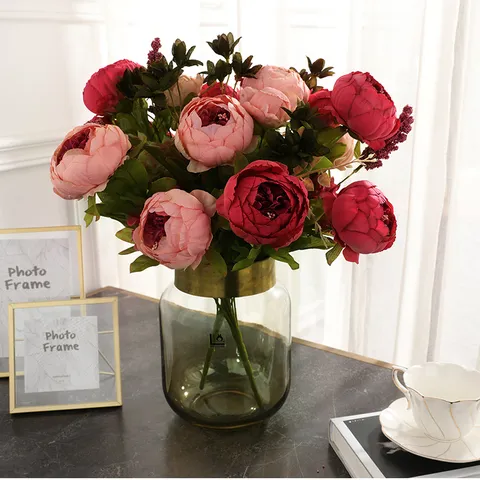 Fiore Artificiale Europeo Bouquet di Fiori in Tessuto di Seta Peonia Cuore 13 Teste Decorazione Casa Festa di Matrimonio Set di Piante
