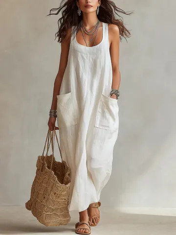 Women Elegant Polyester Cami Dress Solid Color Pocket Maxi Dress Loose Casual U-Neck Woven Dress For Summer Vacation Beach