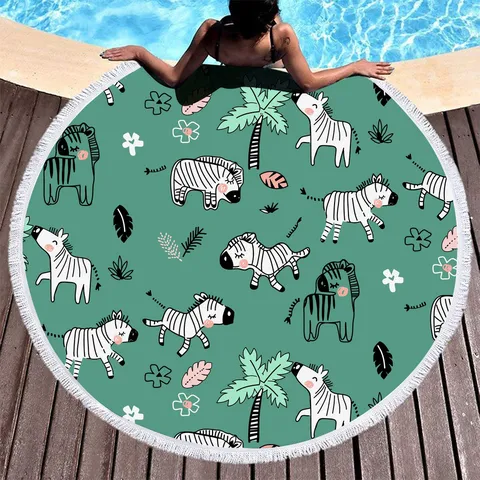 Microfiber Round Beach Towel Cartoon Animal Print Tassel Fringe Bath Blanket Quick Dry Absorbent Yoga Mat For Women Men
