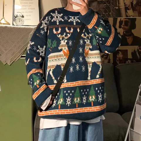 Unisex Christmas Knit Sweater Loose Crew Neck Pullover Long Sleeve Reindeer Pattern Festive Jacquard Couples Top Knitwear