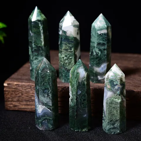 Natural Moss Agate Crystal Point Hexagonal Prism Polished Energy Pillar For Home Decor Healing Specimen Gift