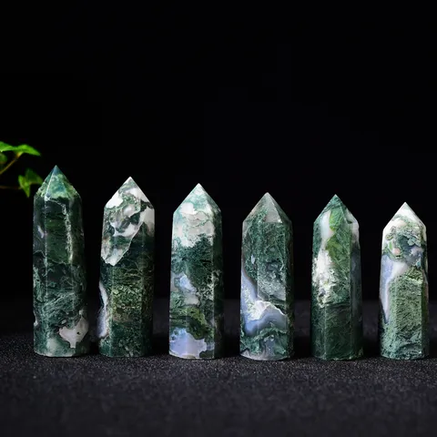 Natural Moss Agate Crystal Point Hexagonal Prism Polished Energy Pillar For Home Decor Healing Specimen Gift
