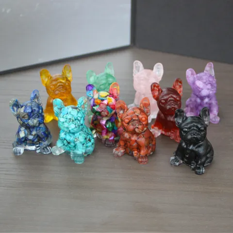 Resin French Bulldog Figurine Crystal Gravel Animal Sculpture Cute Cartoon Desktop Ornament For Home Office Decor