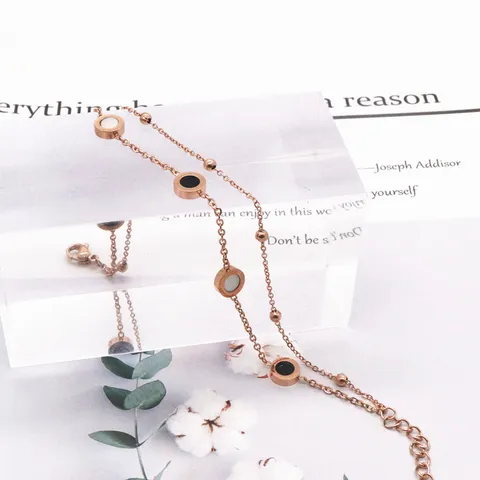 Pulsera de Doble Capa de Acero de Titanio Oro Rosa Círculo Geométrico Concha Incrustada Joyería de Mano de Moda Para Mujeres