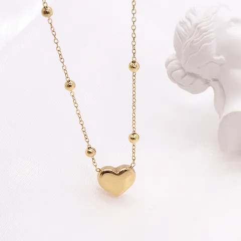 Collar Minimalista con Colgante de Corazón de Acero Inoxidable con Cadena de Bolitas Joyería de Moda Dorada