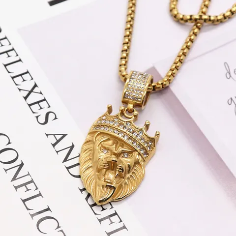 Hombres Hip Hop Cabeza de León Collar Colgante Acero Inoxidable Chapado en Oro Corona Cadena Strass Joyería Regalo