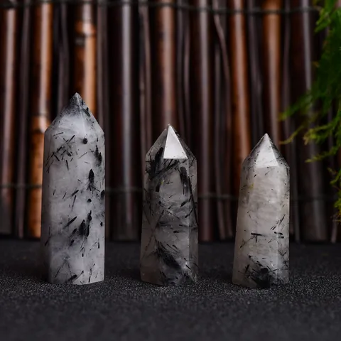 Pilier en Cristal de Quartz Rutilé Noir Naturel Point Hexagonal Spécimen Minéral Ornement de Décoration de Bureau à Domicile