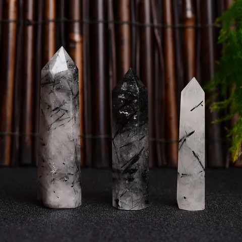 Pilier en Cristal de Quartz Rutilé Noir Naturel Point Hexagonal Spécimen Minéral Ornement de Décoration de Bureau à Domicile