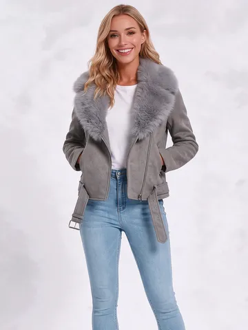 Chaqueta Moto de Gamuza Sintética para Mujer Cuello de Piel Sintética Desmontable Manga Larga Solapa Otoño Invierno Cálido